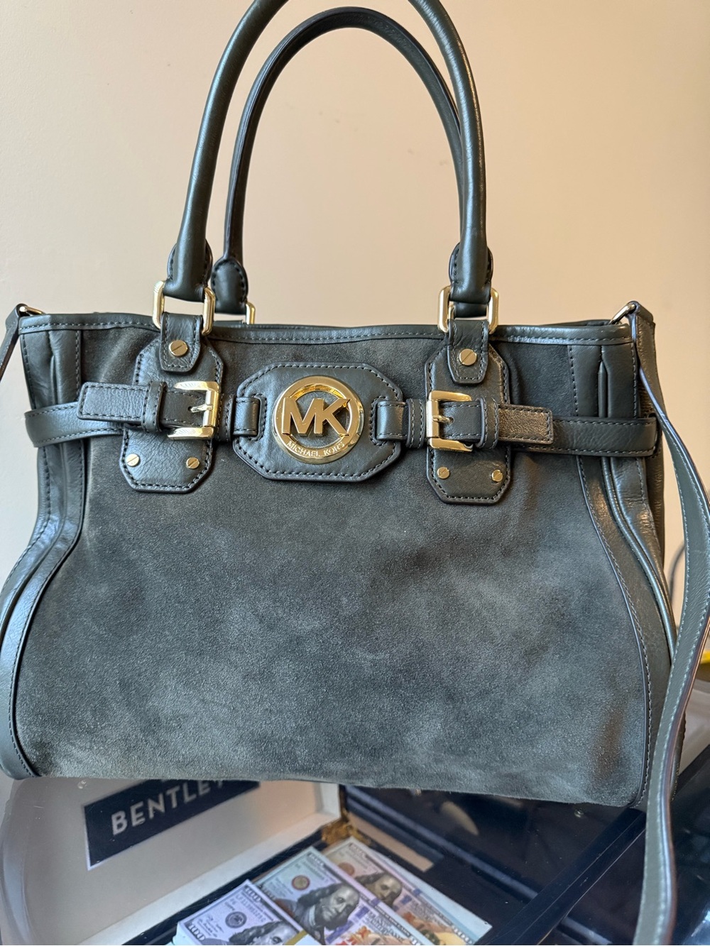 Michael Kors Black Suede & Leather Tote with Gold MK Emblem